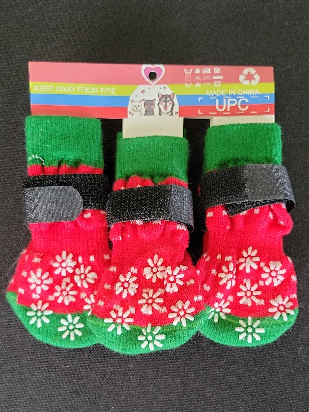 Non-Slip Pet Booties in Red & Green with Adjustable Strap - Small